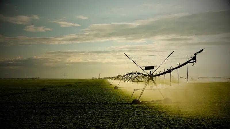 Sistema de irrigação por pivô central em operação ao entardecer
